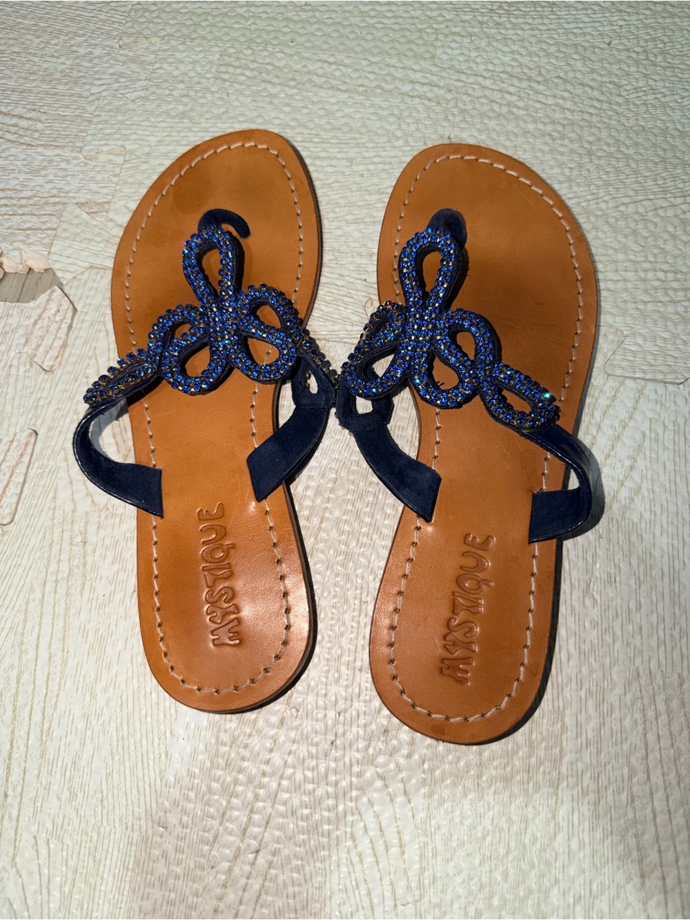 Navy Beaded Loop Thong Sandals - Women's